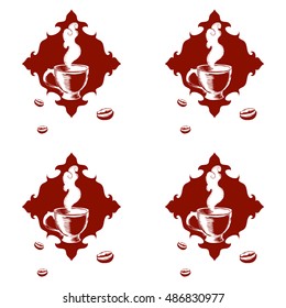 Coffee cup emblem and beans seamless pattern.