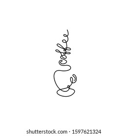 Coffee cup, emblem or logo design, continuous line drawing, design element for poster, banner, card or t-shirt, print, logo, one single line on a white background, isolated vector.