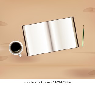 coffee cup with an empty notebook and pencil on wooden Desk.