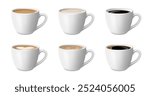 Coffee cup with espresso or latte macchiato hot drinks with foam and cream in white cups or mugs. Vector illustration of refreshing aromatic energy drinks. Delicious iced americano with heart of foam