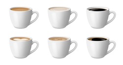 Coffee cup with espresso or latte macchiato hot drinks with foam and cream in white cups or mugs. Vector illustration of refreshing aromatic energy drinks. Delicious iced americano with heart of foam