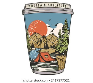 Café. Explore la gran montaña vectorial al aire libre con puesta de sol. Pintura gráfica de montaña antigua para camisetas y otros. Diseño de impresión vintage en Hill pico de aventura. La aventura llama. Camping.