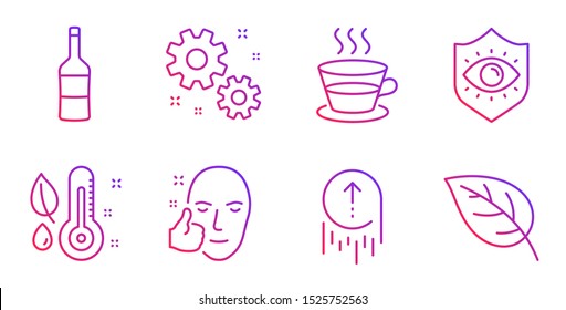 Coffee Cup, Eye Protection And Thermometer Line Icons Set. Wine, Swipe Up And Healthy Face Signs. Work, Leaf Symbols. Tea Mug, Optometry. Business Set. Gradient Coffee Cup Icon. Vector