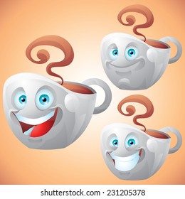 Coffee cup face expressions cartoon character set