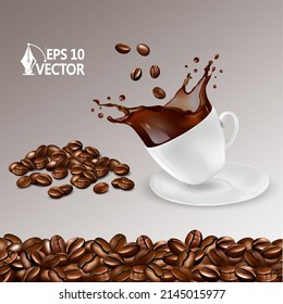 Coffee cup  falling roasted beans  coffee splash  arabica  americano  espresso  coffee texture  3d realistic vector illustration