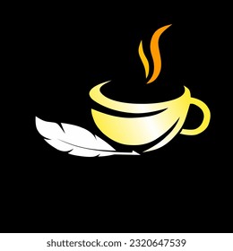 Coffee cup and feather vector logo icon. Gold logo illustration.