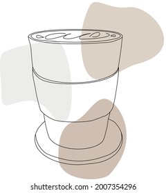 The coffee cup filled with a beverage. Vector line art with abstract color spots.