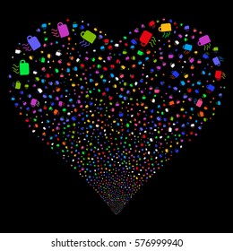 Coffee Cup fireworks with heart shape. Vector illustration style is flat bright multicolored iconic symbols on a black background. Object heart combined from confetti pictographs.