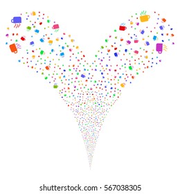 Coffee Cup fireworks stream. Vector illustration style is flat bright multicolored iconic symbols on a white background. Object double fountain combined from random icons.