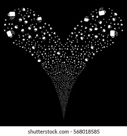 Coffee Cup fireworks stream. Vector illustration style is flat white iconic symbols on a black background. Object double fountain combined from random pictographs.