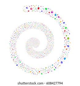 Coffee Cup fireworks vortex spiral. Vector illustration style is flat bright multicolored scattered symbols. Object swirl constructed from random design elements.