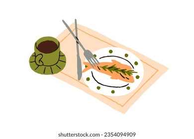 Café y pescado en plato. Se sirve un plato, comida. Cocina, té, utensilios. Nutrición dietética, mariscos y bebidas, bebida americano. Ilustración vectorial plana aislada en fondo blanco