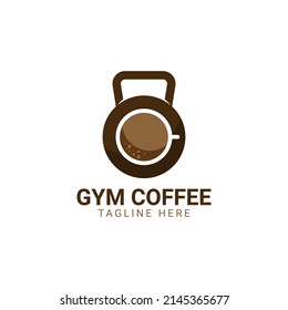 coffee cup fitness gym concept. Vector logo, label, icon or emblem with coffee cup and barbell shape. workout and bodybuilding.