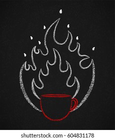 Coffee cup with flame around it. Chalk style illustration