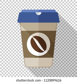 Coffee cup flat icon with long shadow on transparent background