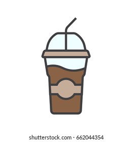 Coffee cup flat line icon. Iced coffee cocktail.
