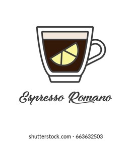 Coffee cup flat line icon. Espresso Romano. Coffee with lemon slice.