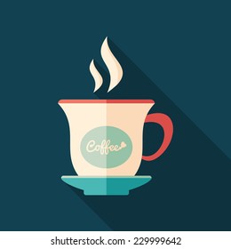 Coffee cup flat square icon with long shadows.