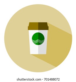 coffee cup flat style with green logo and shadow on light brown circle background vector design