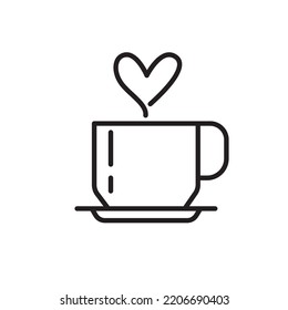 Coffee cup flat style line vector icon with heart. Hot Tea beverage logotype design element, isolated on white background. Coffee shop logo, minimal illustration.