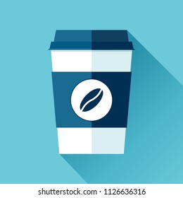 Coffee cup in flat style on blue background. Drink with you. Simple object. Vector design element for your business project