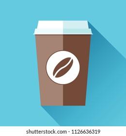 Coffee cup in flat style on blue background. Drink with you. Simple object. Vector design element for your business project