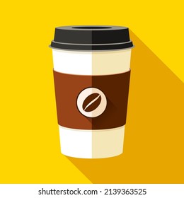 Coffee cup in flat style on yellow background. Drink to go. Simple object. Vector design element for your business project