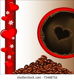 Coffee cup with floral and heart pattern.