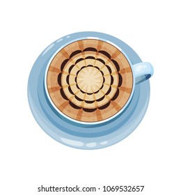 Coffee cup with floral ornament design on top, drawings on coffee crema vector Illustration on a white background