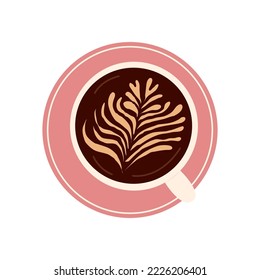 Coffee cup with floral ornament. Mug on plate top view isolated on white background. Cartoon flat vector illustration