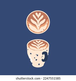 Coffee Cup with Flower Latte Art Pattern Top and Front View. Hot Beverage with Foam in Shape of Plant Isolated on Blue Background. Creative Design for Coffee House or Cafe. Vector Illustration, Icon