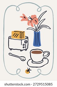 Taza de café, flor en florero y pan en tostadora, diseño de póster de comida y bebida de la mañana. Merienda de desayuno, dibujo a mano doodle. Espresso y tostadas en marco Dolce vita. Ilustración vectorial plana