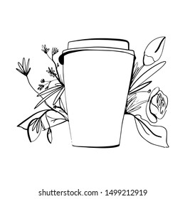 Coffee cup with flowers. Hand drawn illustration