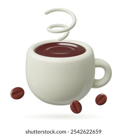 Coffee cup with flying beans 3d emoji. Cute white mug with black hot espresso or americano three dimensional realistic vector illustration isolated on white background.