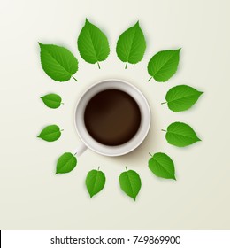 Coffee cup and flying green leaves. Autumn background. Fall banner. Coffee break time. Vector design illustration.