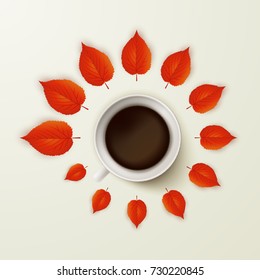 Coffee cup and flying red leaves. Autumn background. Fall banner. Coffee break time. Vector design illustration.