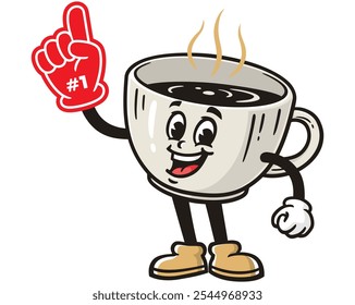 Coffee Cup with foam finger, Cartoon Mascot Illustration Character Vector Retro Vintage Clip-art Hand-drawn Logo Design