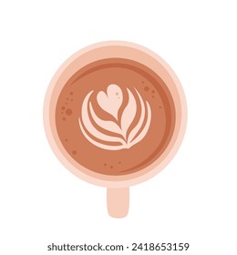 Coffee cup with foam and heart. Cute cartoon hot drink in teacup. Cafe or restaurant icon. Breakfast time. Barista. Vector illustration isolated on white background.