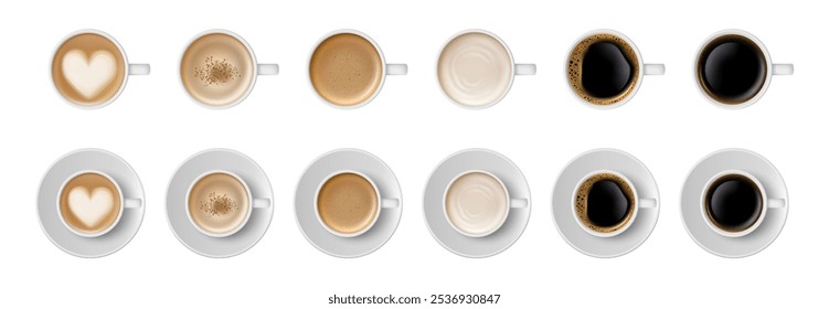 Coffee cup with foam and heart, top view. Vector espresso or latte macchiato hot drinks with foam and cream in white mugs with saucers. Refreshing aromatic energy drinks, cafeteria menu design