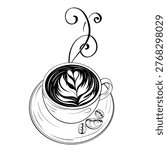 Coffee Cup with Foam and Steam Black and White Vector, Minimal Line Art Drink Illustration, Outline Clipart Design