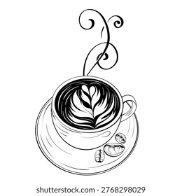 Coffee Cup with Foam and Steam Black and White Vector, Minimal Line Art Drink Illustration, Outline Clipart Design