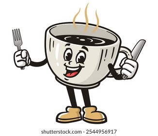 Coffee Cup with fork and knife, Cartoon Mascot Illustration Character Vector Retro Vintage Clip-art Hand-drawn Logo Design