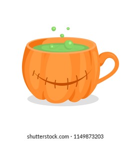 Coffee cup in form of pumpkin with green potion isolated on ehite background. Happy Halloween 