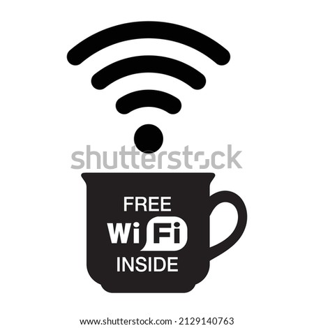 Coffee Cup With Free Wifi Inside Sign. Internet Hotspot, Internet Cafe or Technology Concept. EPS 10 Vector Graphic Illustration Isolated on White Bacground.
