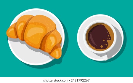 Taza de café y cruasán francés. Bebida caliente de café. Concepto de café, restaurante, menú, postres, panadería. Vista superior del desayuno. Ilustración vectorial en estilo plano