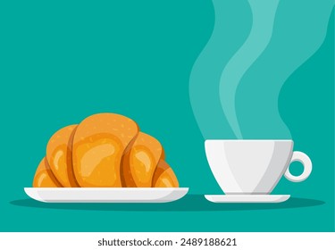 Coffee cup and french croissant. Coffee hot drink. Concept for cafe, restaurant, menu, desserts, bakery. Breakfast view. Vector illustration in flat style