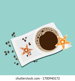 Coffee cup with fresh espresso, coffee beans, stock vector flat illustration