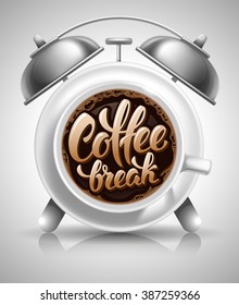 Copa de Café con café caliente recién hecho en el dial de reloj de alarma. Calligrafía Leyendo Inscripción Descanso de Café. Concepto de tiempo de café. Ilustración vectorial.