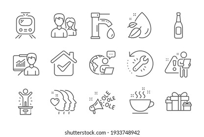 Coffee cup, Friends couple and Holiday presents line icons set. Water drop, Beer and Recovery tool signs. Ole chant, Train and Presentation symbols. Winner podium, Tap water and Couple. Vector