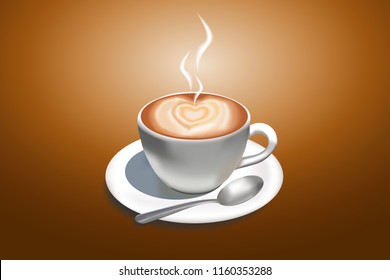 Coffee cup with froth in the form of heart and saucer with spoon. Vector illustration.